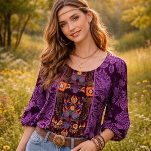 YUMI  Purple Lilac Floral 70s Boho Blouse Size 6